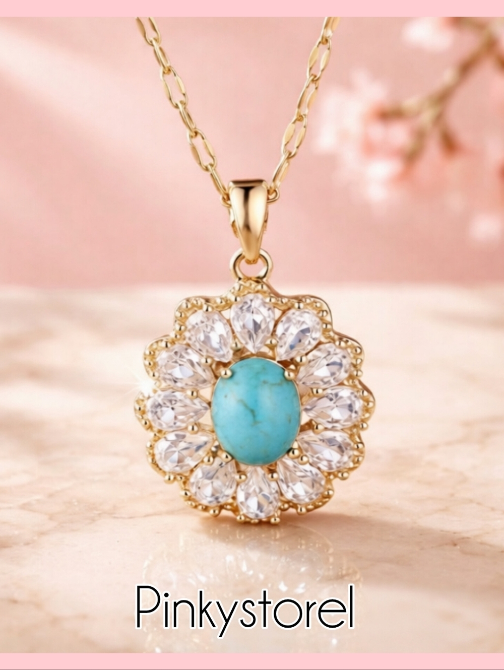 Gold Necklace with Turquoise Pendant and Clear Crystals
